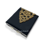 Lace Design Pill Box inlaid in Hand Painted Glossy Black Enamel Art Nouveau Style Square Case with Personalized and Color Options