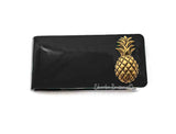 Antique Gold Pineapple Money Clip Inlaid in Hand Painted Glossy Black Enamel Vintage Resort Style with Personalized and Color Options