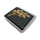 Flower Weekly Pill Case with Lids Inlaid in Hand Painted Black Ink Swirl Enamel Art Nouveau Bouquet Personalize and Color Options