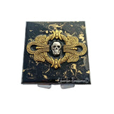 Skull Pill Box Art Nouveau Design Inlaid in Hand Painted Black with Gold Swirl Enamel Vintage Style with Personalized Options Available