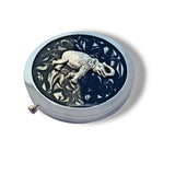 Elephant Pill Box Inlaid in Hand Painted Black Ink Swirl Enamel Vintage Inspired Case with Mirror Personalized and Custom Color Options
