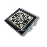 Acanthus Medallion Design Pill Box inlaid in Hand Painted Black Enamel Art Nouveau Style Square Case with Personalized and Color Options