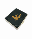 Antique Gold Swallow Pill Box Case with Daily Compartments for 8 Days in Hand Painted Black Enamel with Personalized and Color Options