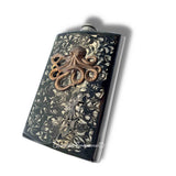 Antique Silver Kraken Flask Inlaid in Hand Painted Enamel Black Ink Swirl Design Neo Victorian Octopus Personalized and Custom Color Options