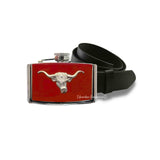 Loghorn Bull Flask Belt Buckle Inlaid in Hand Painted Glossy Oxblood Enamel Vintage Style 3 oz. Flask Personalized and Color Options