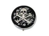 Gothic Skull and Crossbones Pill Box Inlaid in Hand Painted Glossy Black Enamel Neo Victorian Design Custom Colors and Personalized Options