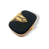 Art Deco Pill Box Inlaid in Hand Painted Glossy Black Enamel Aztec Inspired Vintage Style with Personalized and Color Options