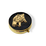 Leopard Pill Case Inlaid in Hand Painted Black Enamel Art Deco Safari with Personalize and Color Options Available