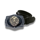 Antique Silver Lions Head Belt Buckle Inlaid in Hand Painted Black Enamel Neo Victorian Leo Design with Color Options