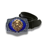 Lion Head Belt Buckle Inlaid in Hand Painted Glossy Black Enamel with Gold Swirl Design Vintage Style with Assorted Color Options