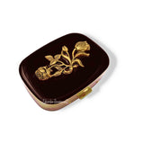 Roses Oval Pill Box Inlaid in Hand Painted Black Opaque Enamel Art Nouveau Flowers Design Personalized and Color Options Available