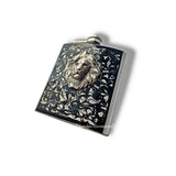 Antique Gold Lion Head Flask Inlaid in Hand Painted Ink Swirl Enamel Vintage Style Leo Flask with Personalized and Color Options