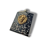 Antique Gold Lion Head Flask Inlaid in Hand Painted Ink Swirl Enamel Vintage Style Leo Flask with Personalized and Color Options