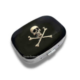 Skull and Crossbones Pill Case Inlaid in Hand Painted Black Onyx Enamel with Personalized and Colors Options