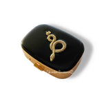 Antique Gold Snake Pill Case Inlaid in Hand Painted Glossy Black Enamel Vintage Style Serpent with Personalized and Color Options