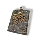 Antique Silver Octopus Flask Inlaid in Hand Painted Gray Swirl Enamel Design Neo Victorian Nautical Inspired Personalized and Color Options
