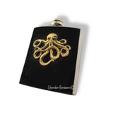 Antique Gold Octopus Flask Inlaid in Black Enamel Neo Victorian Kraken Nautical Inspired with Personalized and Engraving Options