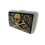 Antique Gold Skull and Crossbones Cigarette Case in Hand Painted Black Ink Swirl Enamel Gothic Victorian with Personalized Options