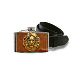 Lion Head Flask Belt Buckle Inlaid in Hand Painted Metallic Copper Enamel Neo Victorian Leo Design with Personalized and Color Options