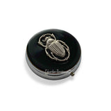 Antique Gold Scarab Pill Box Inlaid in Hand Painted Black Enamel Vintage Style Egyptian Beetle Design with Personalized and Color Options