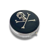 Skull and Crossbones Pill Box Inlaid in Hand Painted Black Enamel Neo Victorian Gothic Style Personalized and Color Options