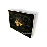 Queen Bee Cigarette Case Inlaid in Hand Painted Metallic Black Enamel Art Deco Style with Personalized and Color Options