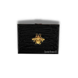 Queen Bee Cigarette Case Inlaid in Hand Painted Metallic Black Enamel Art Deco Style with Personalized and Color Options