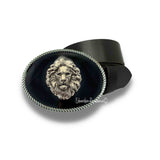 Lion Belt Buckle Inlaid in Hand Painted Glossy Black Enamel Neoclassic Leo Vintage Style with Assorted Color Options
