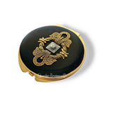 Art Nouveau Compact Mirror in Hand Painted Glossy Black Enamel Ornamental Buckle Design with Color and Personalized Options