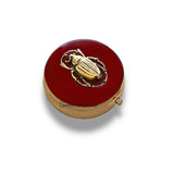 Antique Gold Scarab Pill Box Inlaid in Hand Painted Ox Blood Enamel Vintage Style Egyptian Beetle Design with Personalized and Color Options