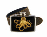 Antique Gold Octopus Flask Belt Buckle Inlaid in Hand Painted Black Ink Swirl Enamel Nautical Inspired 3 oz. Flask with Color Options