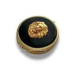 Lion Pill Box with 7 Compartments Inlaid in Hand Painted Black Enamel Vintage Design Leo Style with Personalized and Color Options