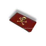 Antique Gold Skull and Crossbones Money Clip Inlaid in Glossy Ox Blood Enamel Gothic Victorian Inspired with Personalized and Color Options