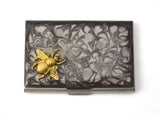 Bee Business Card Case Inlaid in Hand Painted Gray Swirl Enamel Vintage Style Neo Victorian Personalized and Color Options