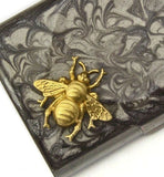Bee Business Card Case Inlaid in Hand Painted Gray Swirl Enamel Vintage Style Neo Victorian Personalized and Color Options