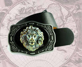 Belt Buckle Lions Head in Verdigris Brass Inalid in Hand Painted Enamel Neo Victorian Safari Leo  Custom Colors Available