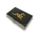 Antique Gold Dragon Card Case Inlaid in Hand Painted Black Enamel Vintage Medieval Style with Personalized and Color Options