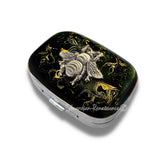 Antique Silver Bee Pill Box Inlaid in Hand Painted Black with Gold Swirl Enamel Gothic Victorian Insect with Personalized and Color Options