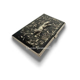 Antique Silver Fox Business Card Case Inlaid in Hand Painted Black Ink Swirl Enamel Neo Victorian Woodland Inspired Personalized Options