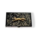 Antique Silver Fox Business Card Case Inlaid in Hand Painted Black Ink Swirl Enamel Neo Victorian Woodland Inspired Personalized Options