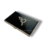 Antique Silver Snake Business Card Case Inlaid in Hand Painted Black Enamel Vintage Style Serpent Design with Personalized and Color Options