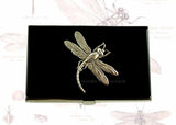 Antique Gold Dragonfly Business Card Case Inlaid in Hand Painted Black Enamel Neo Victorian Insect Personalized and Custom Color Options