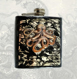 Octopus Hip Flask in Oxidized Brass Inlaid in Hand Painted Black Liquid Ink Design Neo Victorian Kraken with Personalized Engraving Options