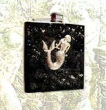Antique Silver Mermaid Hip Flask Inlaid in Hand Painted Metallic Silver Swirl Enamel Nautical Design Personalize Engraving and Color Option