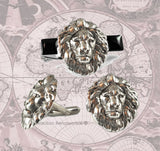 Tie Clip and Cufflinks Set Neo Victorian Antique Sterling Silver Lion Head Safari Vintage Style Leo