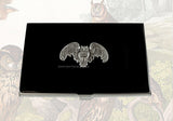 Flying Owl Metal Business Card Case Inlaid in Hand Painted Black Enamel Neo Victorian Inspired with Personalized and Custom Colors