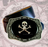 Antique Silver Skull and Crossbones Belt Buckle Inlaid in Hand Painted Glossy Black Onyx Enamel Neo Victorian Inspired with Color Options