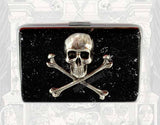Silver Skull and Crossbones Metal Cigarette Case in Hand Painted Black with Silver Splash Enamel Gothic Victorian with Personalized Options