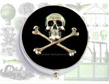 Skull and Crossbones Pill Box Inlaid in Hand Painted Black Enamel Neo Victorian Gothic Style Personalized and Color Options