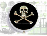 Skull and Crossbones Pill Box Inlaid in Hand Painted Black Enamel Neo Vintage Style Personalized and Color Options